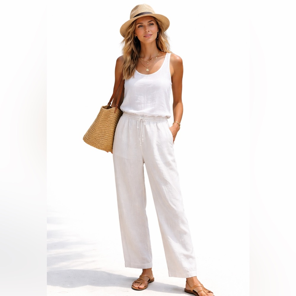 CHARTER CLUB %100 Linen Drawstring Pants White XXL Coastal Grandma Resort